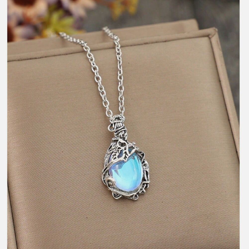 Oval Silver Moonstone Filigree Wrap Necklace Gemstone Pendant Crystal Charm